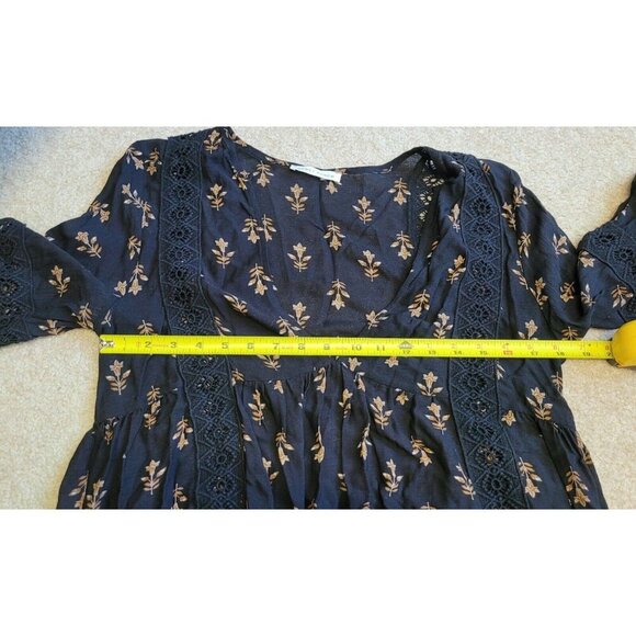 Honey Punch Black Brown Tan Floral Long Sleeve Mini Dress Size Medium Boho - Picture 10 of 11